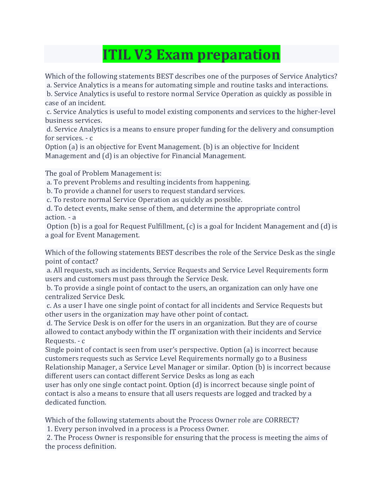 Preview image for ITIL V3 Exam Preparation Questions And Answers